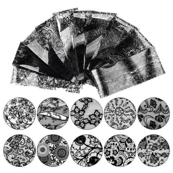 Black 10pcs 10 шт нейл-арта передачи Фольга наклейки сексуальный кружевной смешанные цветочные узоры темно-синего цвета в черном и белом цвете для декоративный для маникюра diy аксессуары - Цвет: Black 10pcs