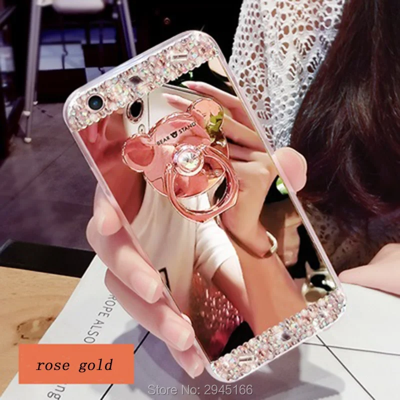 Алмазный Блестящий зеркальный чехол для iPhone X S R MAX 5 SE 6 6 S 6splus 7 8 Plus Flash Cute 3D bear задняя крышка 360 кольцо кронштейн Funda