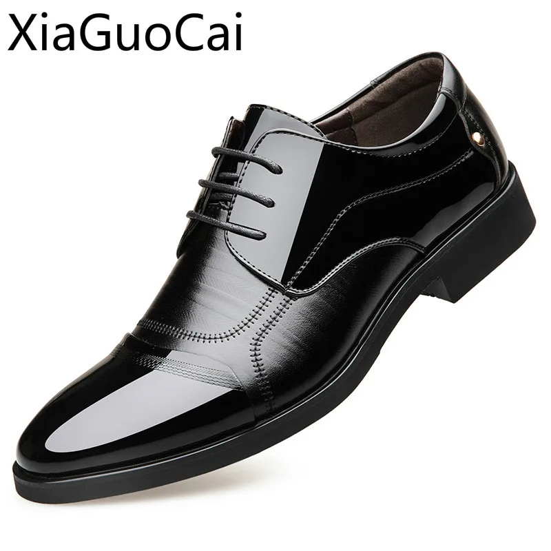

High Quality Men's Derby Shoes Patent Leather Spring Glossy Dress Shoes Breathable Heightening Pointed Toe Business Formal Shoes