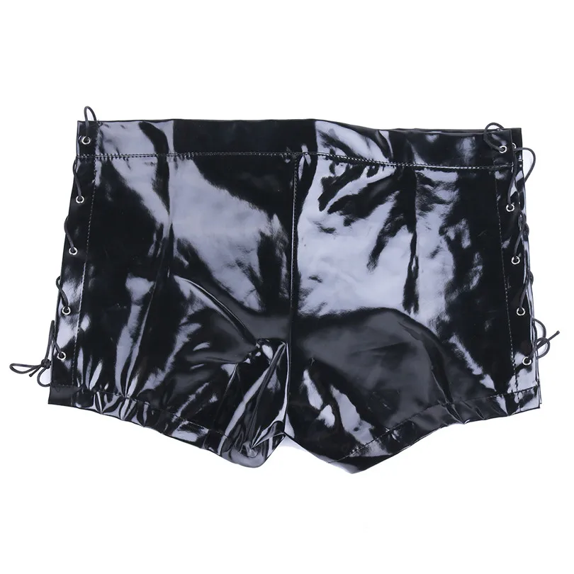Men PVC Leather Boxer Underwear High Quality Wet Look Zipper Front Lace Up Underpants Leather Latex Boxer Shorts Underwear M-XXL