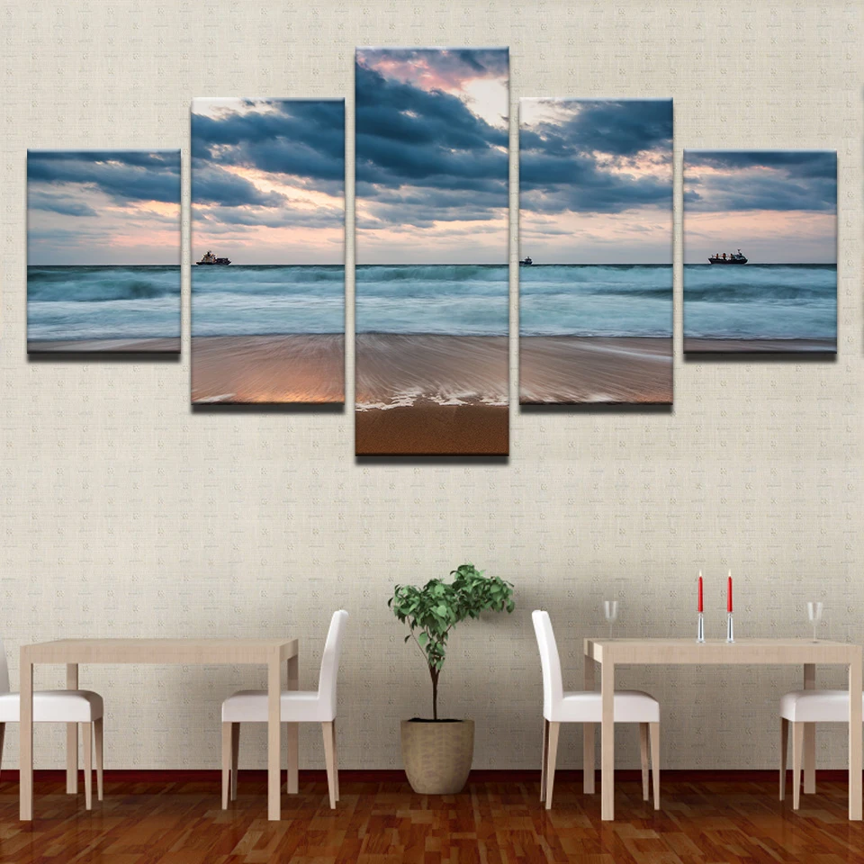 HD Prints Painting Home Decor Canvas Living Room Framework 5 Piece Sea Waves Beach Pictures Cloudy Boat Seascape Poster Wall Art | Дом и сад