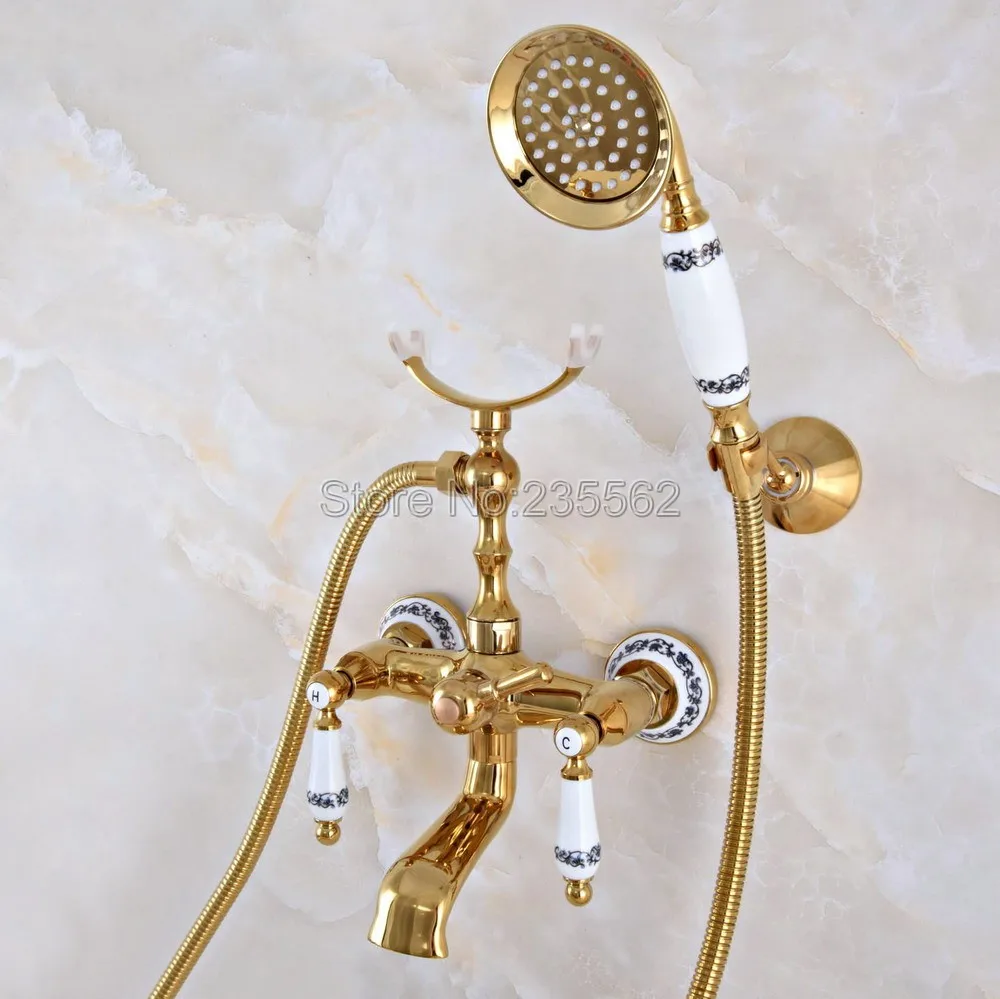 

Gold Color Brass Wall Mounted Swive Spout Tub Mixer Tap with Handshower Handheld Bath Shower Mixer Water Set lna906