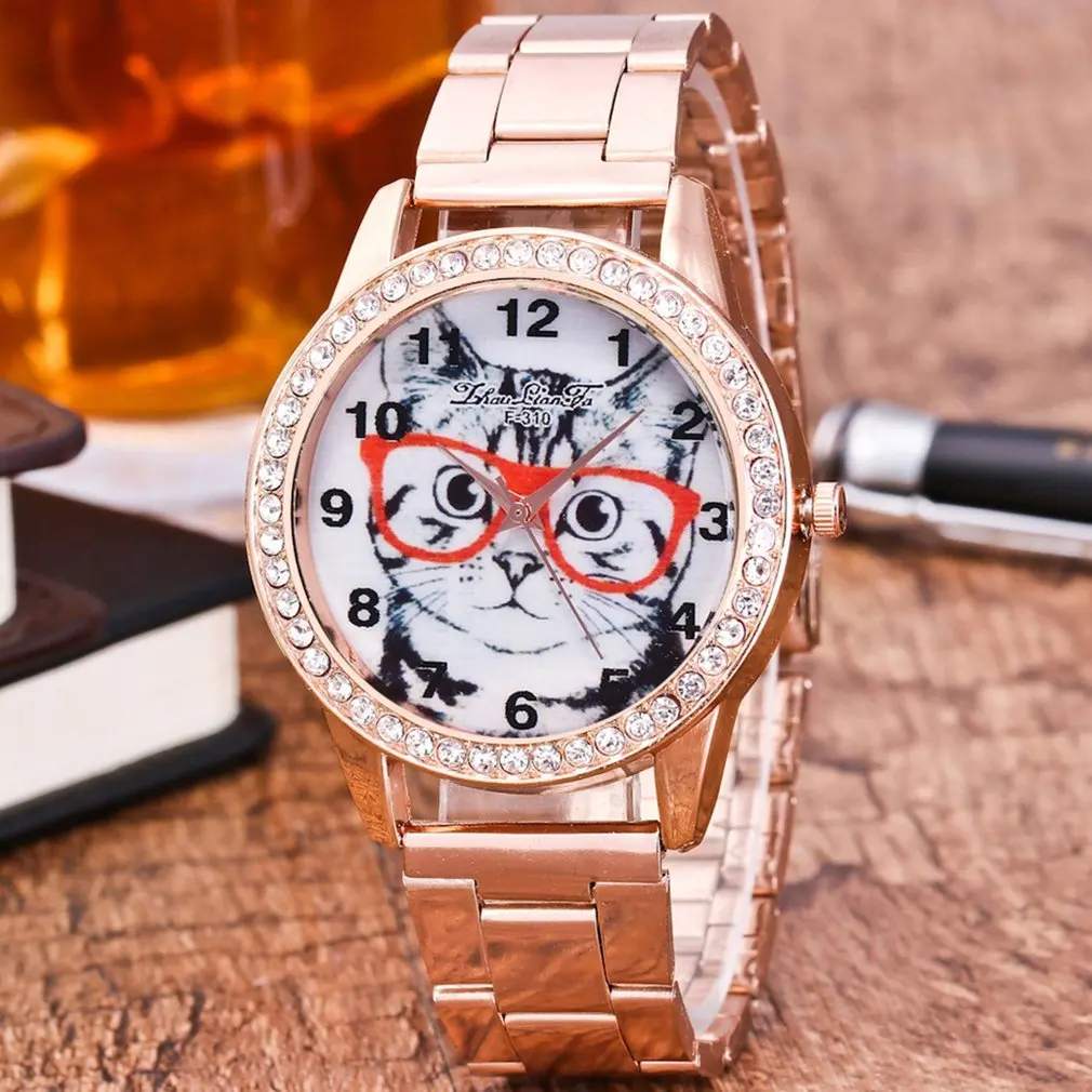 Модный тонкий стальной ремешок с круглым циферблатом кошачья одежда стеклянные