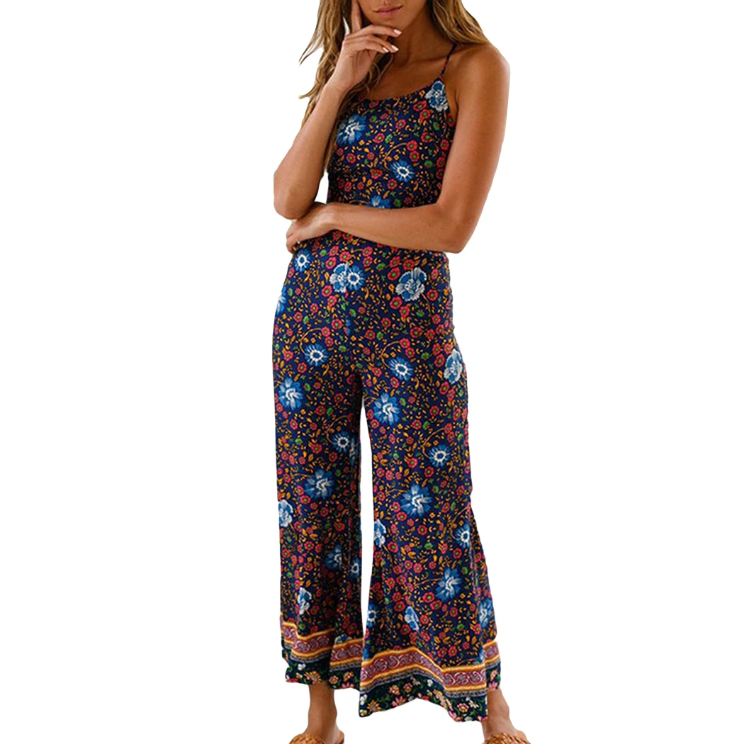 Summer Rompers Womens Jumpsuit Sexy Backless Spaghetti Strap Long Playsuit Wide Leg Pants Sleeveless Print Boho Beach Overalls | Женская
