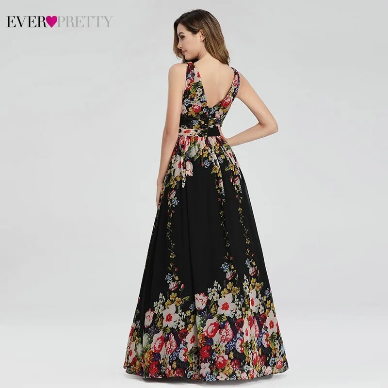 Ever Pretty Elegant Floral Printed Evening Dresses Long A-Line V-Neck Sleeveless Sexy Chiffon Formal Dresses Abiye Gece Elbisesi