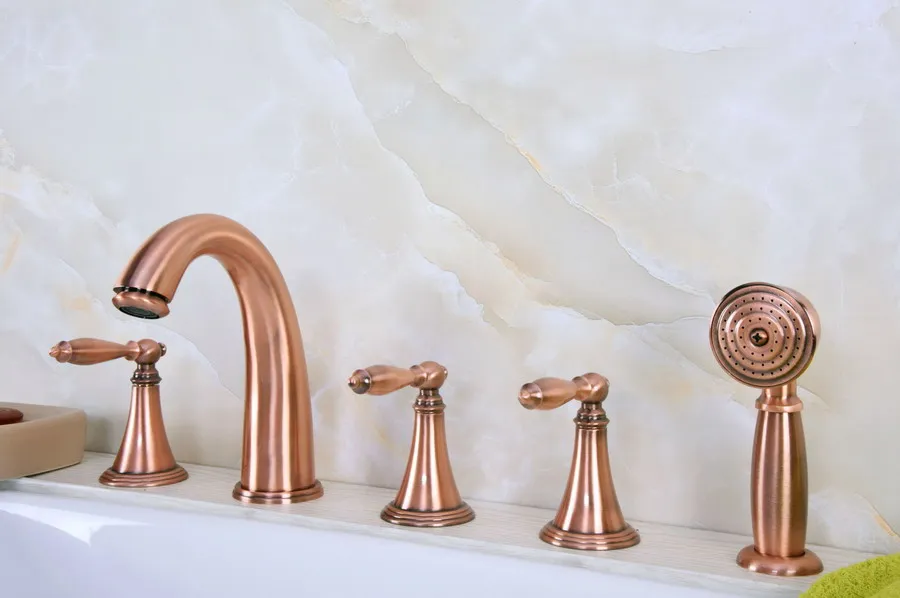 

Antique Red Copper Brass Deck 5 Holes Bathtub Mixer Faucet Handheld Shower Widespread Bathroom Faucet Set Basin Water Tap atf202