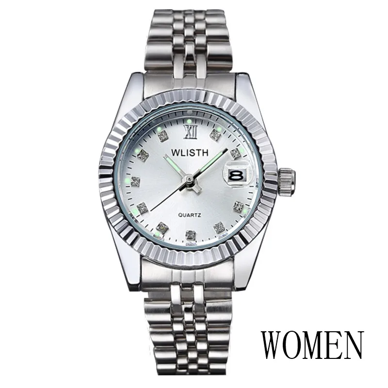 women silver white Парные часы wlith, Топ бренд, роскошные часы для мужчин и женщин, кварцевые часы, Авто Дата, модные повседневные часы для влюбленных, нержавеющая сталь, Relogio - Цвет: women silver white