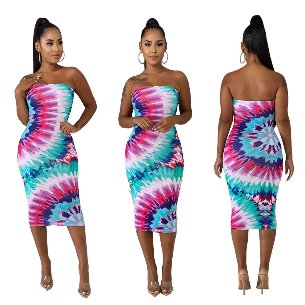 Lemon Gina 2019 women summer black hole galaxy print strapless off shoulder bodycon midi mid-calf length dress WJ5037 | Женская одежда