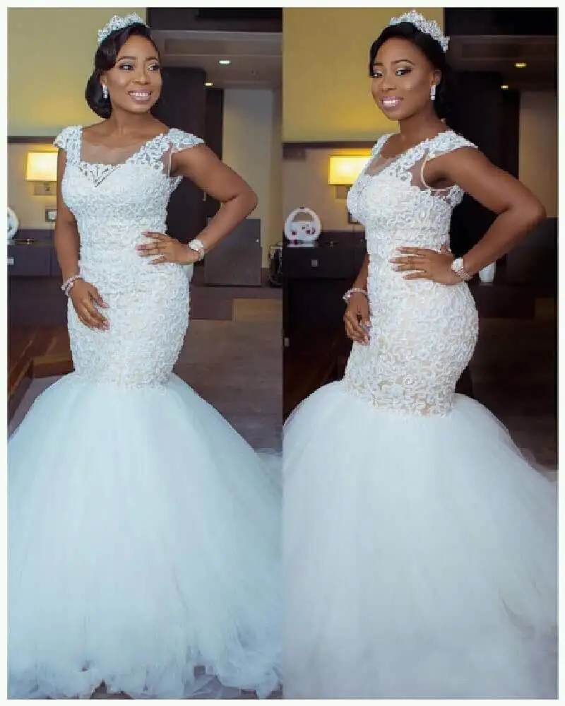

Wonderful Cap Sleeves Lace Appliques Mermaid Bridal Dresses Tulle Mermaid Wedding Gowns