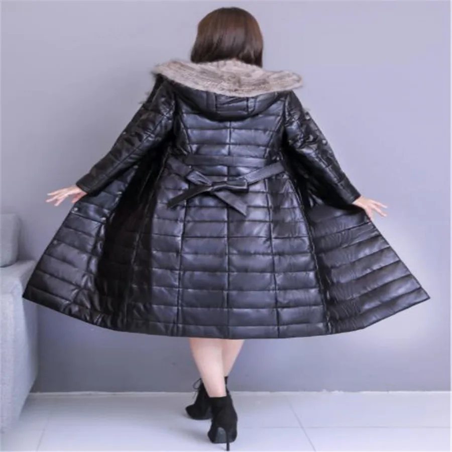 2019 new high-end high-quality fur collar PU leather down jacket cotton large size loose hooded coat long women's clothing 3XL | Женская