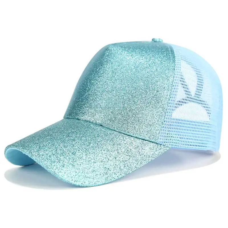 Glitter Light blue Блестящая бейсбольная кепка с конским хвостом, детские летние шапочки для девочек, хип-хоп кепка, Детская кепка с сеткой, модная кепка с булочкой - Цвет: Glitter Light blue