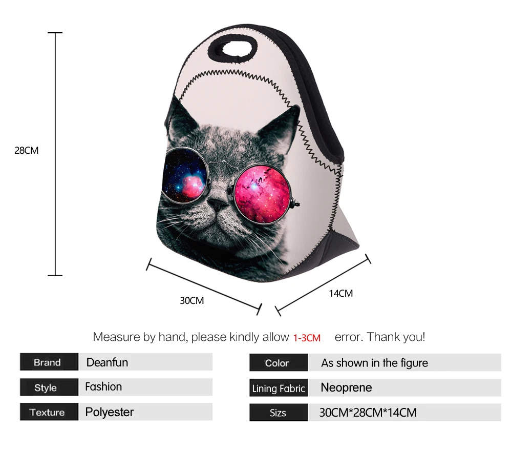Сумки для ланча Deanfun модные женские сумки из неопрена с рисунком кота на молнии