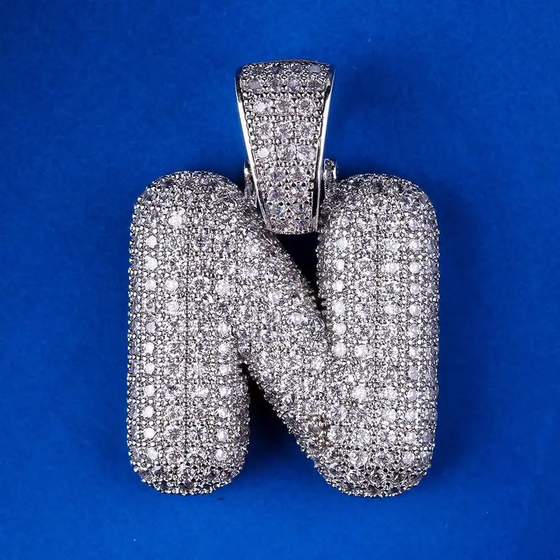 N Iced Out пользовательские Пузырьковые буквы кулон ожерелье пузырь начальные буквы слова Белое золото кулон в стиле хип-хоп Ожерелье для мужчин и женщин - Окраска металла: N