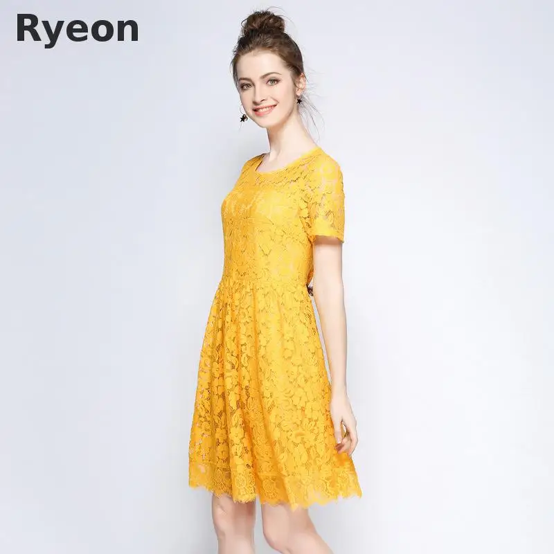 Ryeon l 5xl плюс размер лето желтый офис кружева женщин одевается о шея кружевом