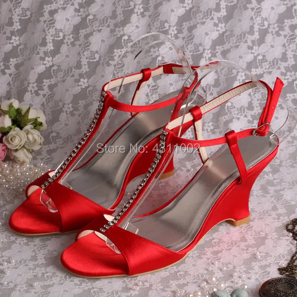 

Wedopus T-bar Red Wedding Party Sandals Wedge Heel Women Crystal Summer Shoes for Bride