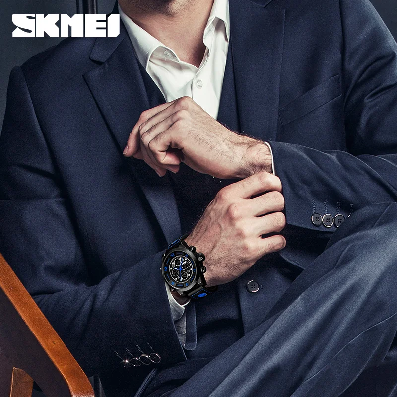 

SKMEI Sports Military Watch Men Waterproof Dual Display Digital Watch Leather Analog Quartz Wristwatches relogio Masculino 1371