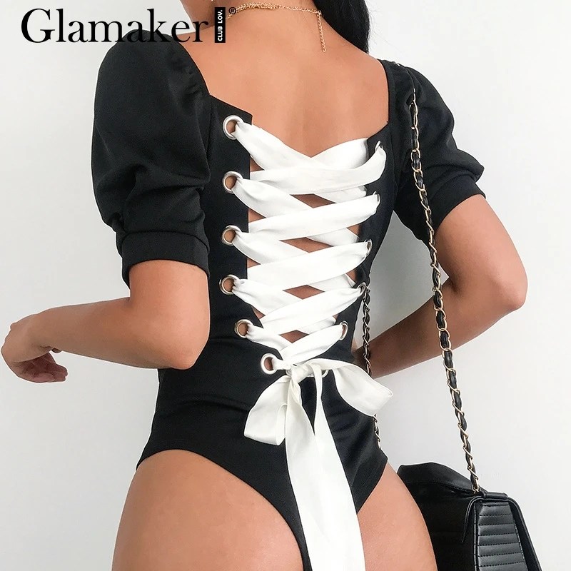 Женский комбинезон со шнуровкой Glamaker черный короткий плейсьют с квадратным