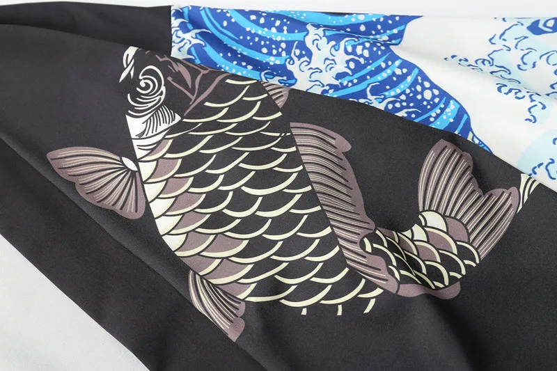 Apanese Kimono Cardigan Men Wave and Carp Print Long Thin Mens Jacket Coat 2019 | Мужская одежда
