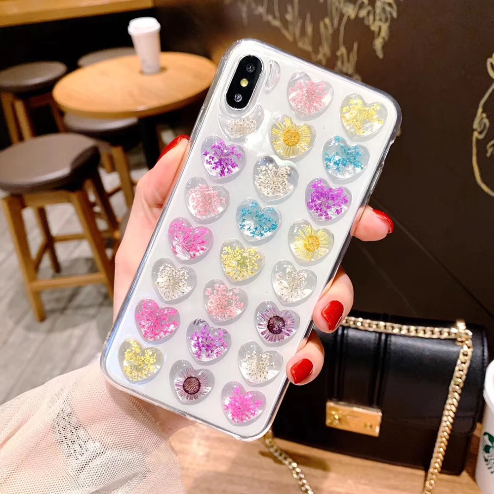 Cute Heart Dried Flowers Case For iPhone 7 8 6 6S Plus Transparent X XR XS Max TPU Real Flower Silicone Girly Cover | Мобильные