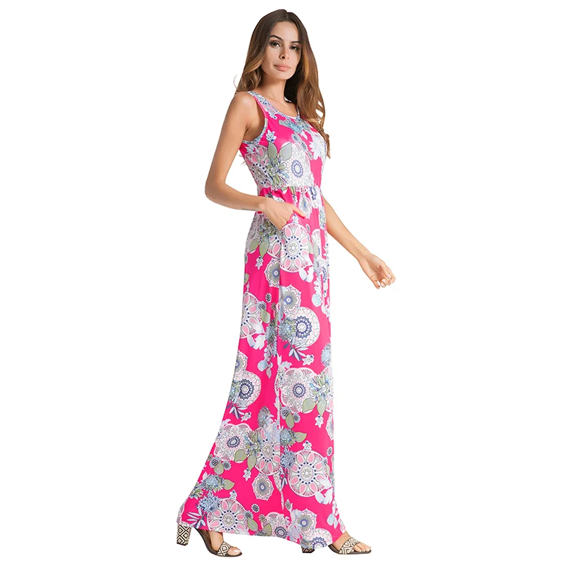 Ruiyige 2018 Women Sexy Tank Maxi Dress Summer Ethnic Floral Print Dresses Casual Pockets Sleeveless Vestidos Long Beach Robes | Женская