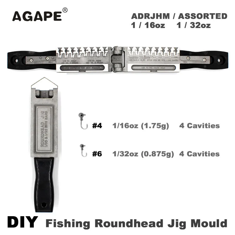 AGAPE DIY Fishing Roundhead Jig Mould ADRJHM/ASSORTED COMBO 1/16oz(1.75g), 1/32oz(0.875g) 8 Cavities
