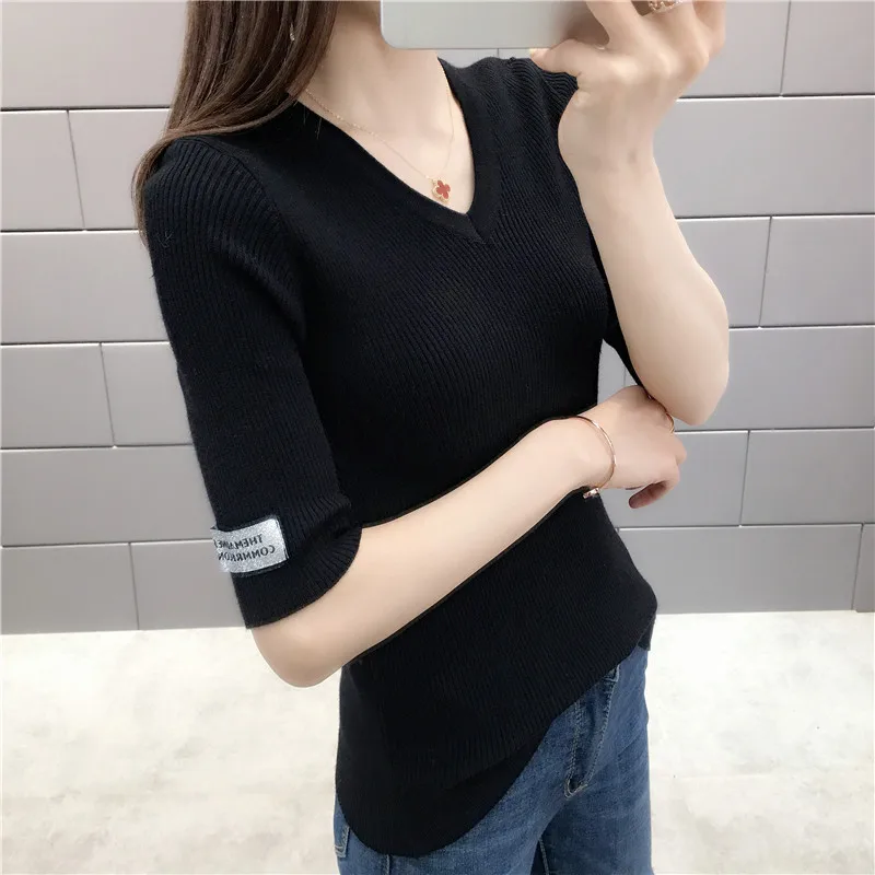 Summer 2019 Women New V-neck Sweaters Half Sleeve Slim Thin Pullovers Top Female Knitted Sweater 8 Colors | Женская одежда