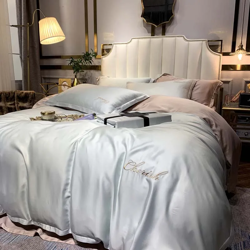 Белый фиолетовый розовый серый роскошный удобный 100S Tencel Шелковый набор постельного белья с вышивкой пододеяльник кровать застежки для простыни льняной чехол для подушки