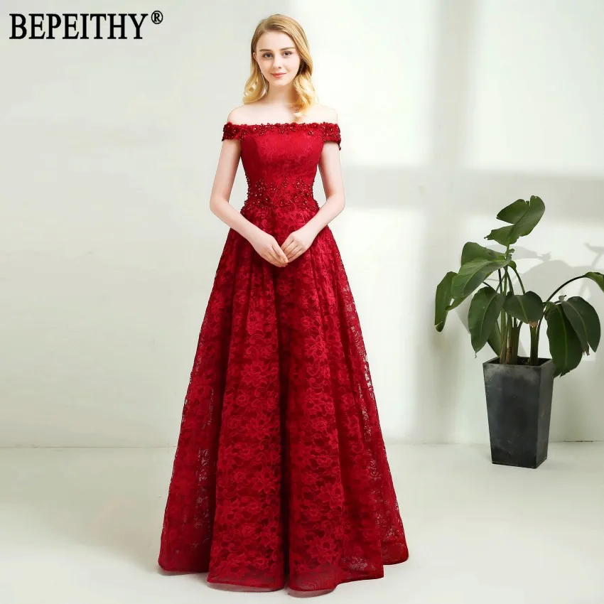 Бургундия BEPEITHY Новое поступление vestido de festa вырез лодочка, аппликация кружева Длинные Бордовые Красные кружевные вечерние платья - Цвет: Бургундия