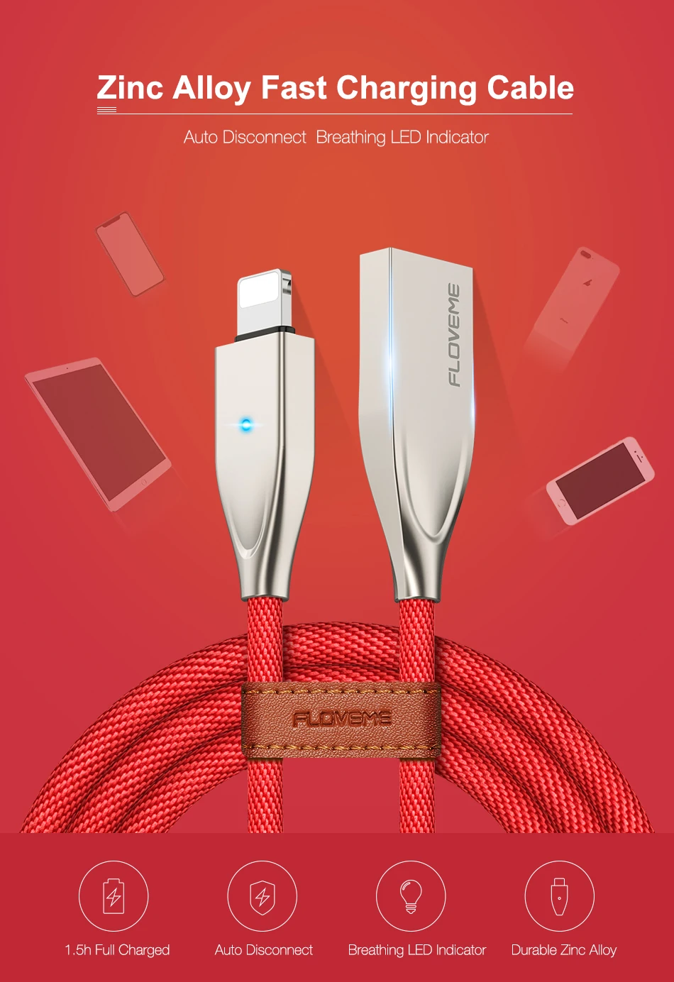FLOVEME USB кабель с автоматическим отключением для iPhone X, 7 Plus, 5 В/2,1 A, светодиодный кабель для быстрой зарядки и синхронизации данных для Apple iPhone 10, 8, 5S, 6 S
