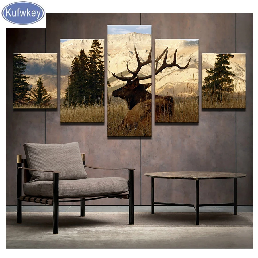 

5 Pieces Mountain Bull Elk Pictures Animal Deer full Diamond Embroidery slae 5d diy Diamond Painting For Living Room Home Decor