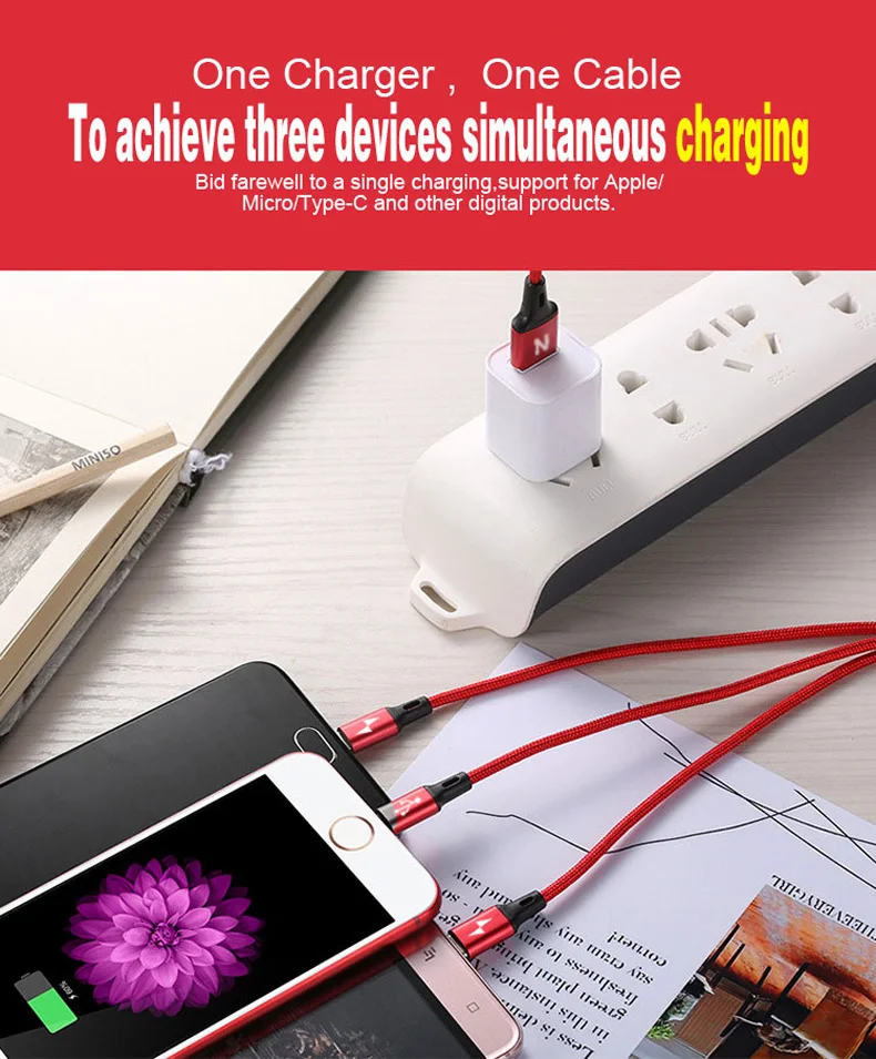 NOHON 3 в 1 USB кабель для iPhone 8X7 6 6S Plus 5 5S samsung Xiaomi lenovo 2 в 1 Micro type C кабели для быстрой зарядки