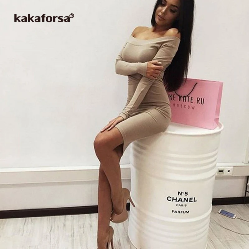 Женское платье с длинным рукавом Kakaforsa утолщенное однотонное открытыми плечами