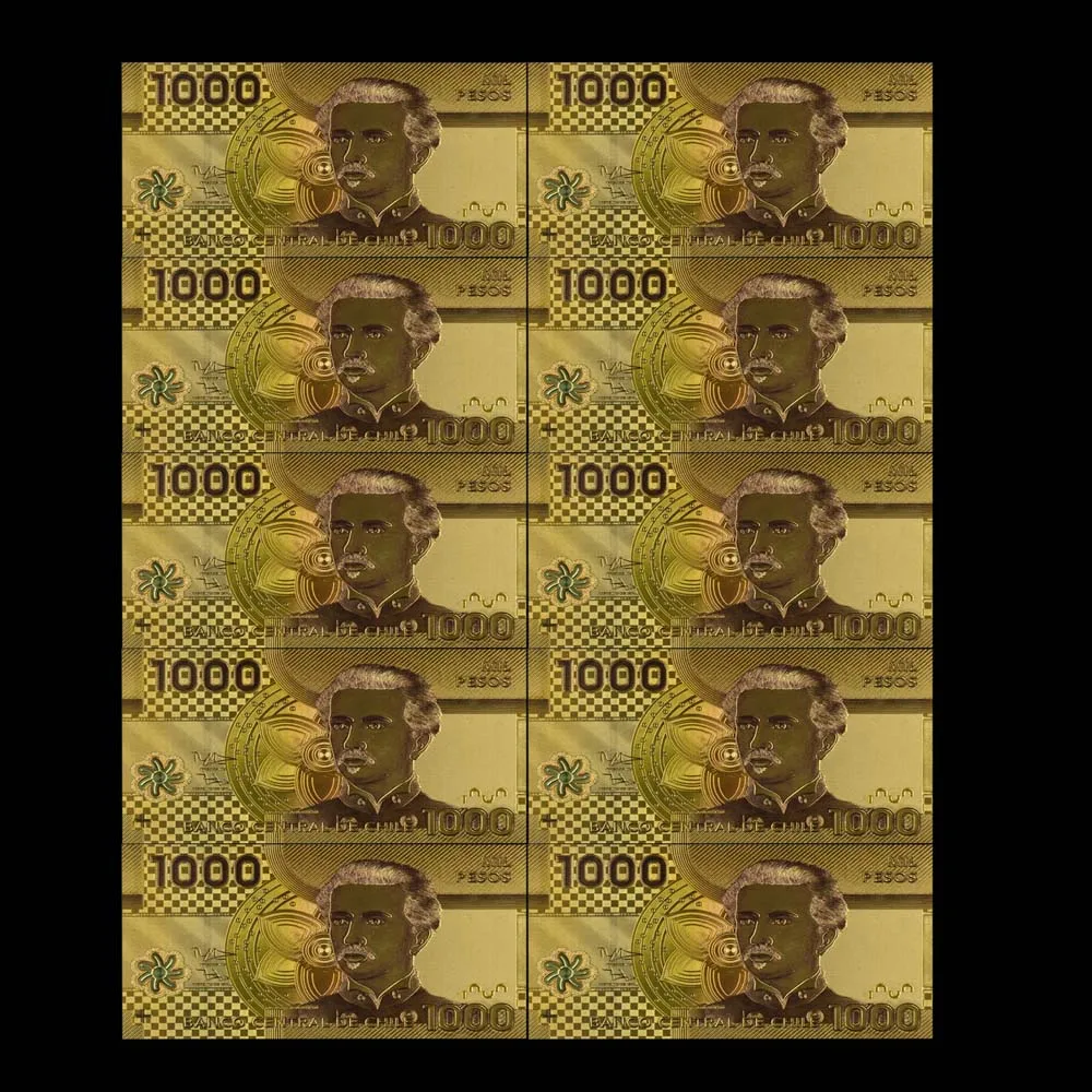 

10pcs/lot New Products Chile 1000 Peso Gold Banknote Colorful World Banknote for Souvenirs, Golden Bank Notes