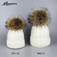 girls pom pom hats real fox raccoon fur pompon hat wool autumn winter warm skullies caps hats for women children baby beanie hat