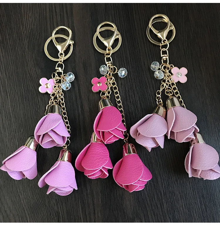 18colors charm leather rose flower key chains cute tassel keychains women keychain bag purse pendant jewelry | Украшения и