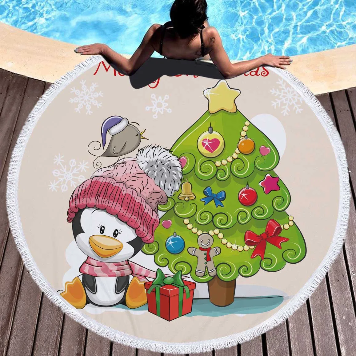 Round Christmas Snowman Cartoon Bath Towel Santa Elk Summer Beach Picnic Yoga Mat Floral Polyester Circle Sunbath Blanket | Дом и сад