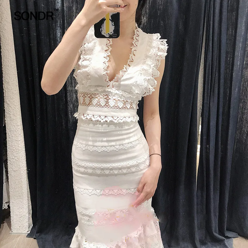 SONDR Patchwork Lace Dress Women V Neck Sleeveless High Waist Mini Mermaid Dresses Female Elegant Fashion 2019 Summer New | Женская