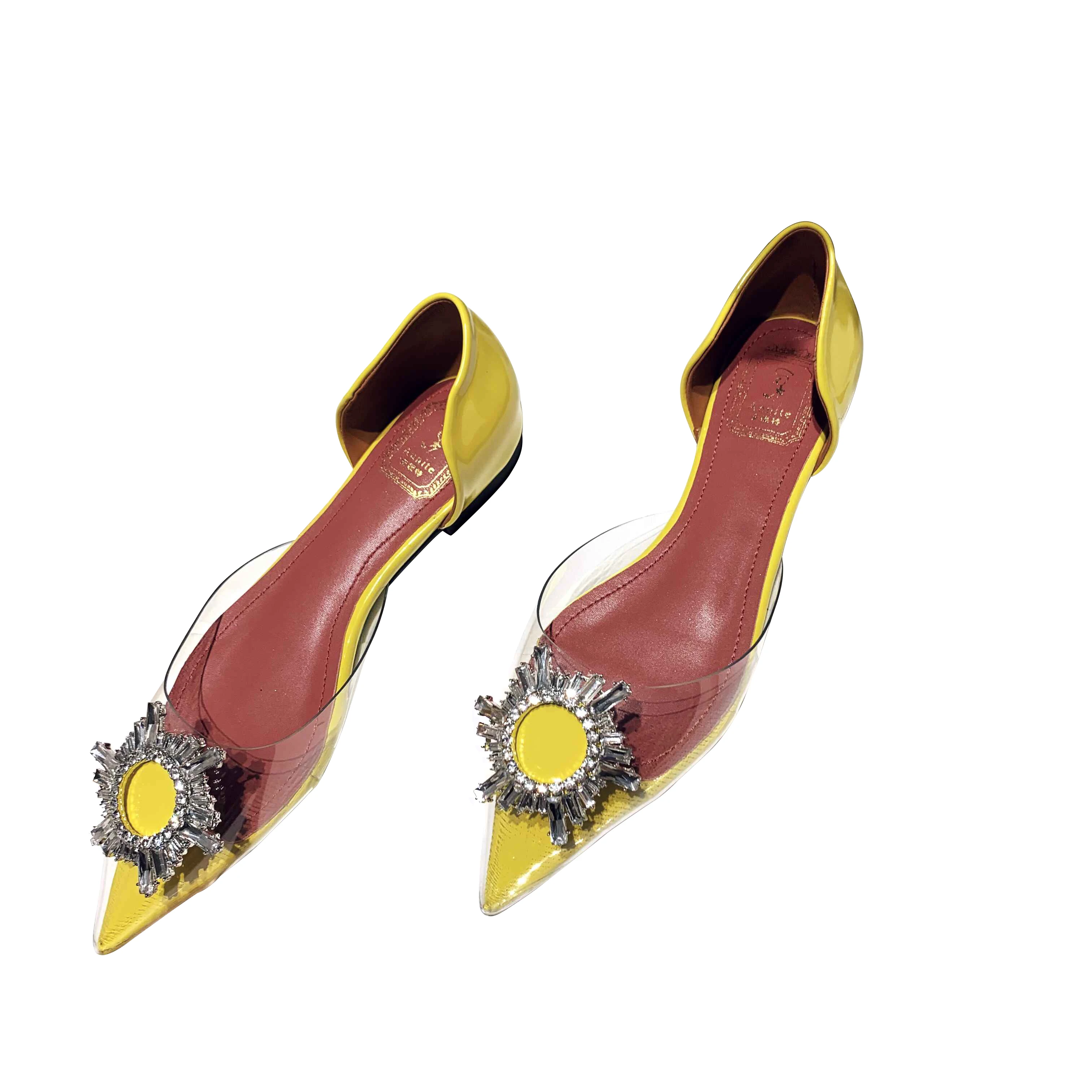 

European and American water drill shallow mouth square buckle flat shoes Sun flower crystal hollow pointed shoes flat women's