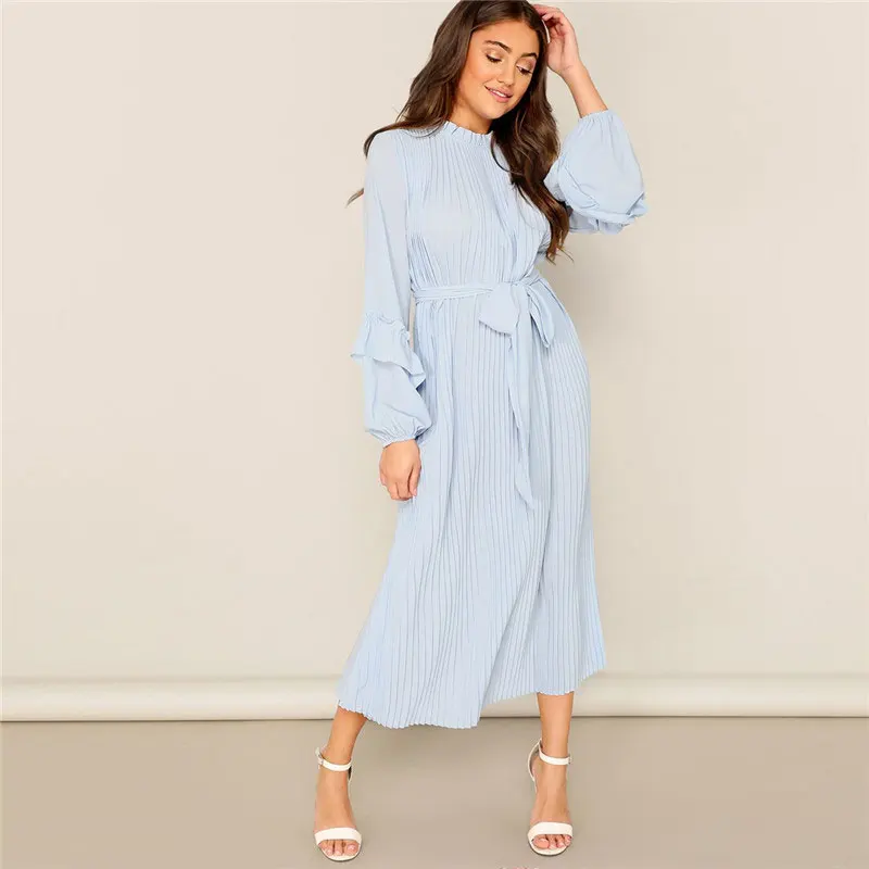SHEIN Плиссированное Платье Со Стоячим Воротником Поясом И Оригинальным Рукавом Однотонное Платье В Складку С Оборкой