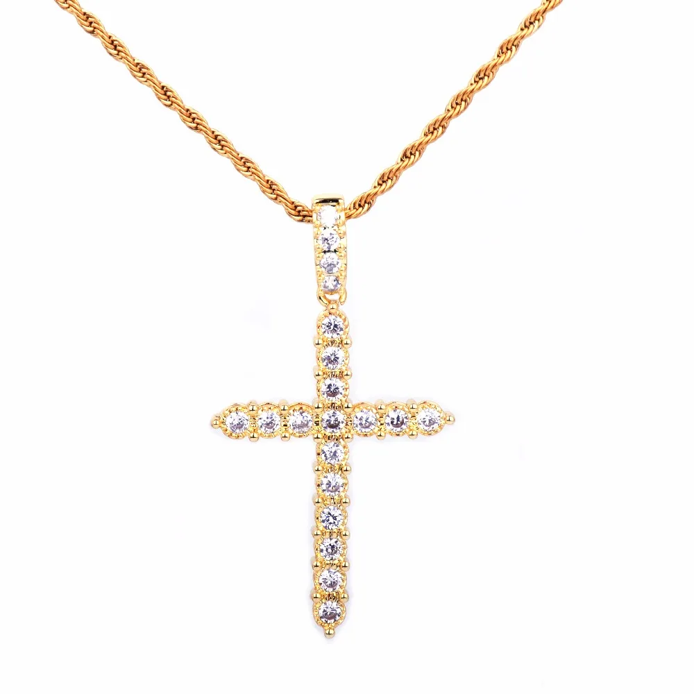 Золото серебро кубический циркон крест кулон ожерелье Медь Материал Bling CZ для мужчин и женщин хип хоп ювелирные изделия с кубинской/веревкой цепи