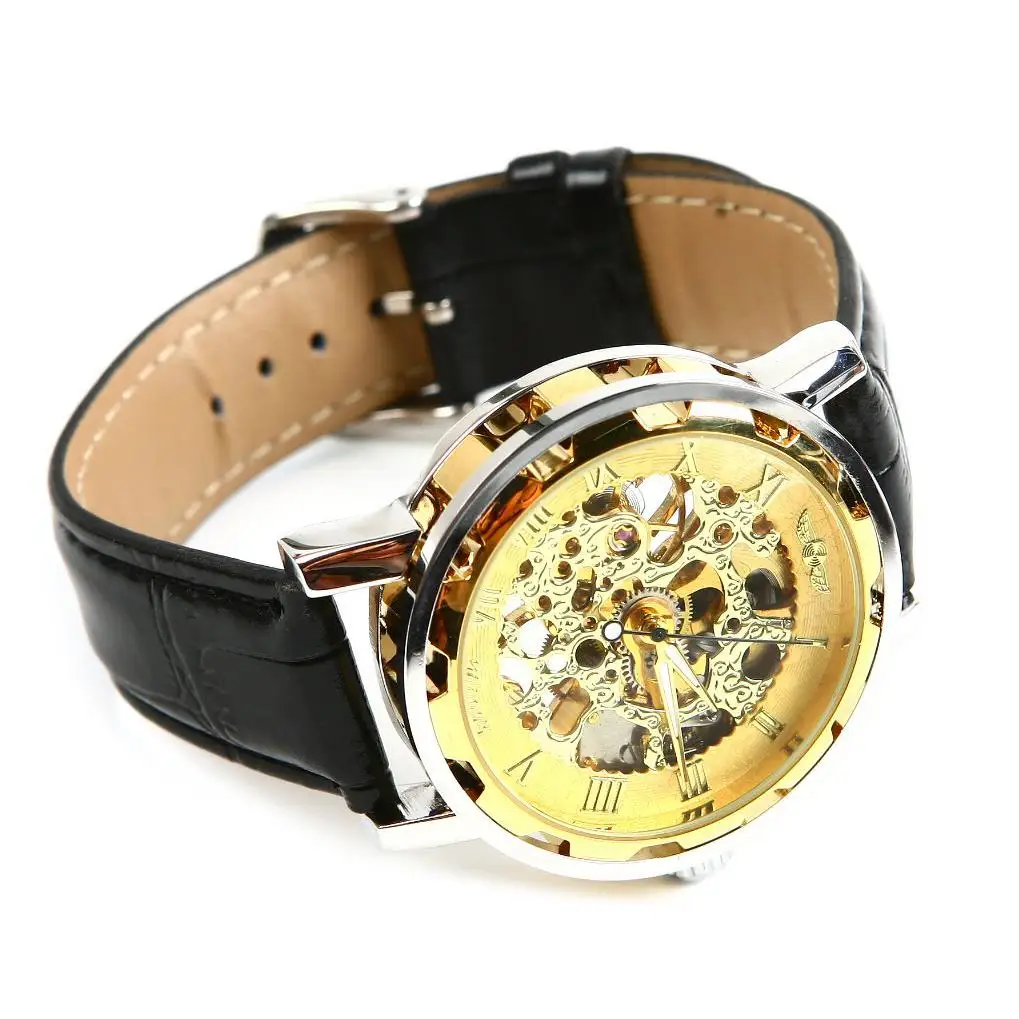 Winner-Herrenuhr-Selbstaufzug mechanische Uhr-Leder armbanduhr-Золотой | Электроника