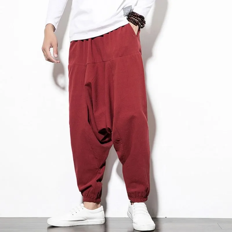 Брюки-шаровары мужские свободного покроя хлопково-льняные штаны с эластичным