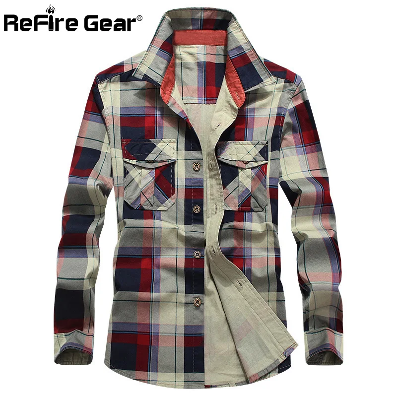 Refire gear Весенняя клетчатая рубашка с длинным рукавом Мужская дышащая быстросохнущая Повседневная рубашка с карманами Мужская модная Осенняя клетчатая хлопковая рубашка