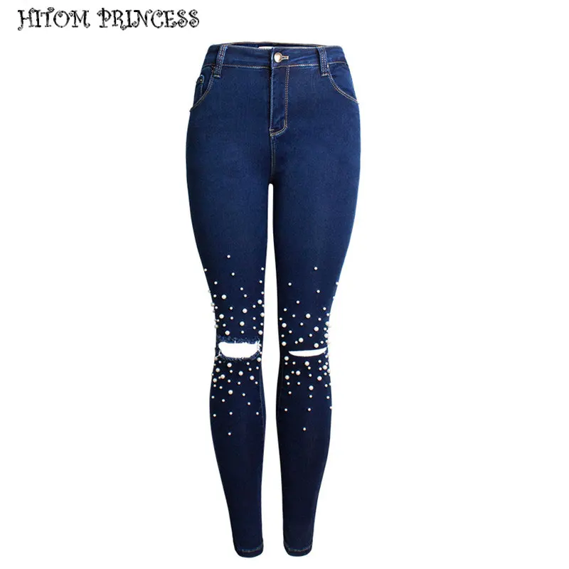 HITOM PRINCESS Streetwear Pearl Beaded Hole Ripped Denim Jeans Female Destroyed Skinny High Waist Women Pencil Pants Plus | Женская