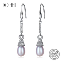 doteffil 7mm natural pearl 925 sterling silver aaa zircon long earrings for women wedding engagement party fashion charm jewelry