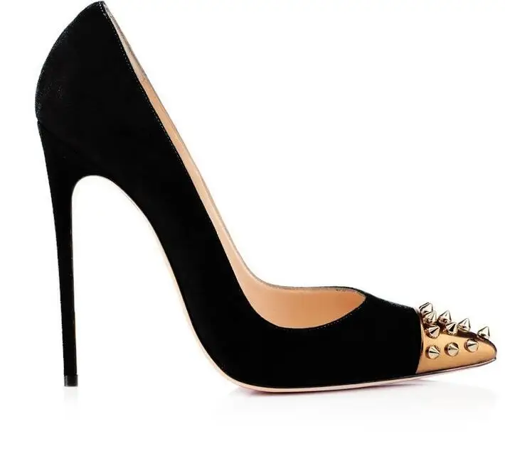Fashion Black Sudede Pointed Toe High Heel Shoes 2018 Sexy Rivets Studded Stiletto Heels Woman Thin | Обувь