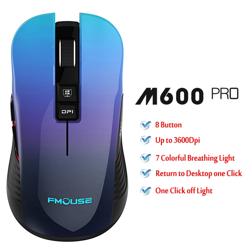 Синий M600 pro перезаряжаемая Беспроводная игровая мышь, оптическая светодиодный компьютерная мышь 2,4 ГГц с usb-приемником, бесшумный щелчок, 4 dpi, 8 кнопок - Цвет: Синий