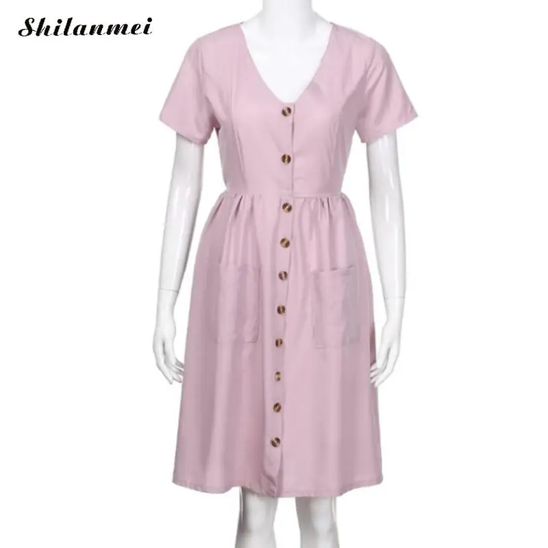 Женское свободное платье миди на пуговицах винтажное пляжное с коротким рукавом
