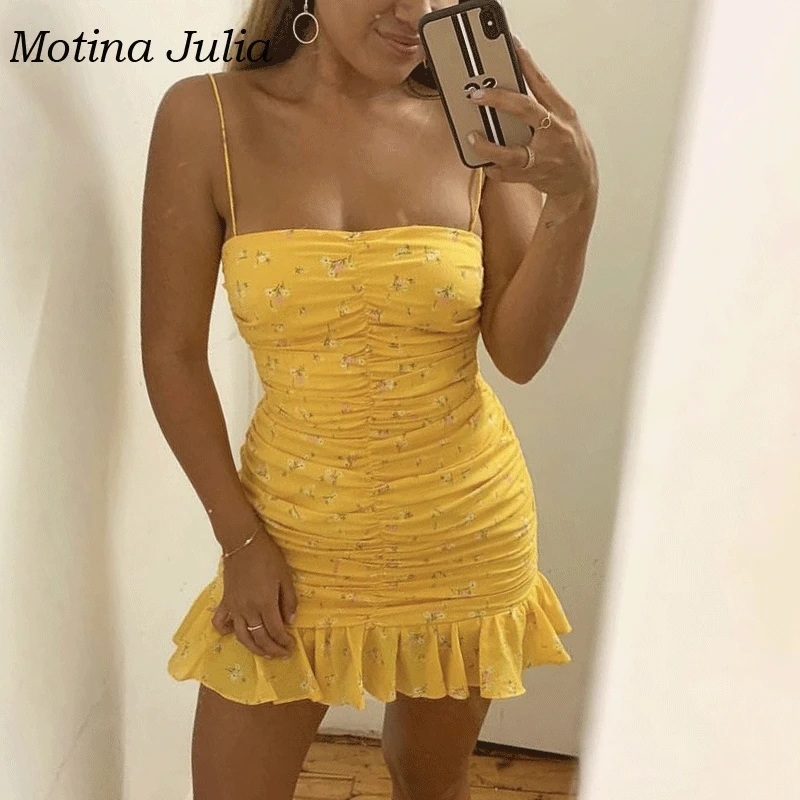 Motina Julia 2019 сексуальный желтый сарафан с принтом женское платье для вечеринки