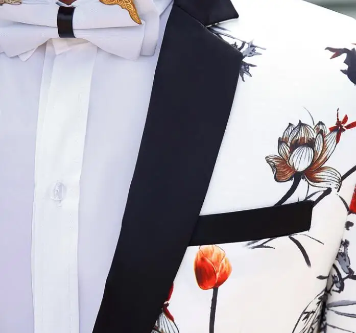 

(Jacket + Pants) men's business Fashion Slim Costume Digital Print White Men's casual Suit Set Groom Dress Hosting Suit